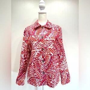 Chico’s Ivory Red & Purple Geo Print Button Front Jacket with Pockets Size 1/M